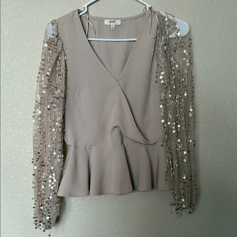 Chic Beige Blouse with Sequin Sleeves